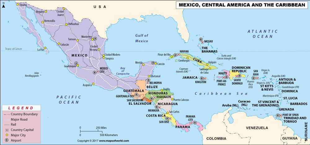 Map of Mexico Central America and the Caribbean