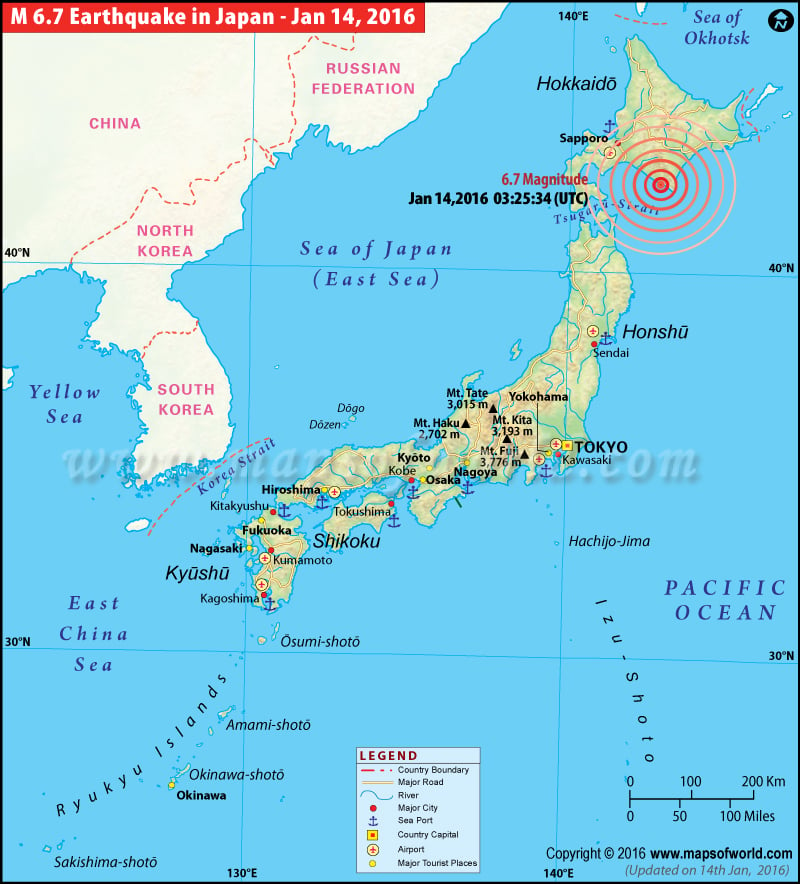 Map showing the epicenter of M6.7 earthquake in Japan on Jan 14, 2016.