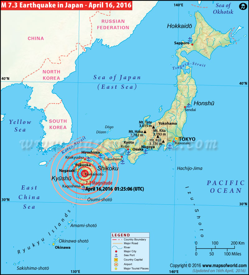 Map of M 7.3 Earthquake in Southern Japan