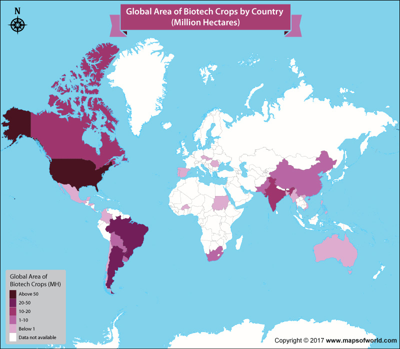 the global hectarage of biotech crops by country, on a world map