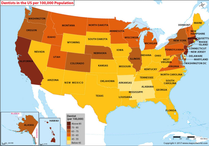 Map Depicting the Number of Dentists per 100,000 people in the United States