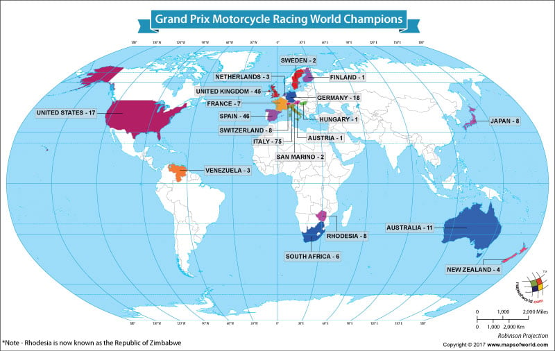 World Map Showing the Grand Prix Motorcycle Racing World Champions