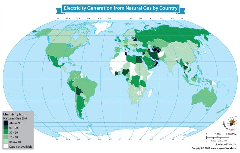 World Map Showing Electricity Generation From Natural Gas by Country