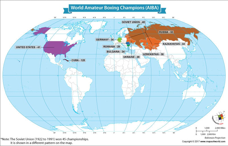World Map Showing World Amateur Boxing Champions (AIBA)
