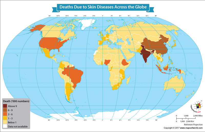 World Map Showing Deaths Due to Skin Diseases Across the Globe