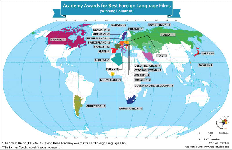 World Map Showing Academy Awards for Best Foreign Language Films