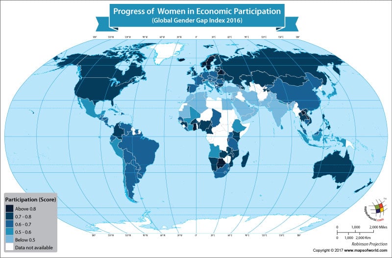 World Map Showing Progress of Women in Economic Participation