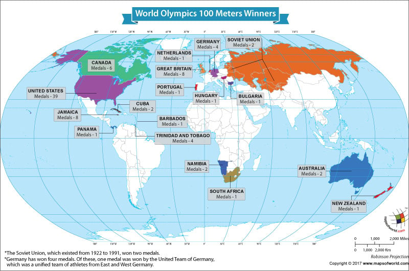 World Map Showing the World Olympics 100 Meters Winners