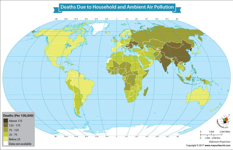 World Map Showing Deaths Due to Household and Ambient Air Pollution