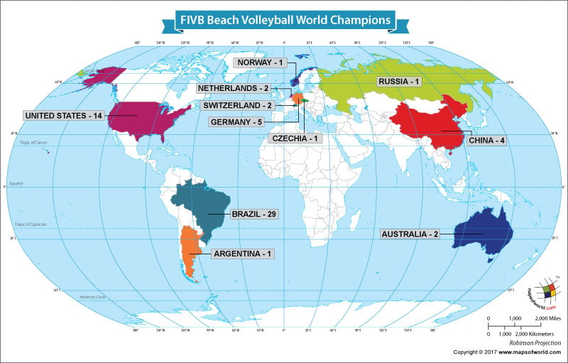 World Map Showing FIVB Beach Volleyball World Champions