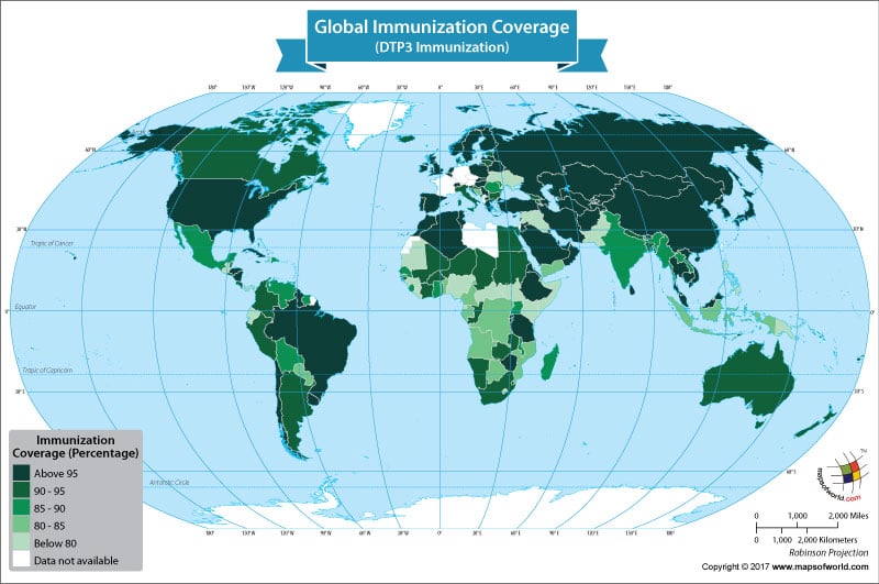 World Map Showing the DTP3 Global Immunization Coverage