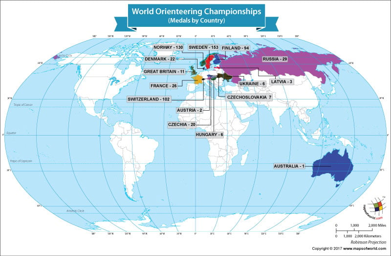 World Map Showing the Winners of the World Orienteering Championships