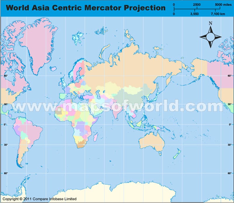World Asia Centric Map in Mercator Projection