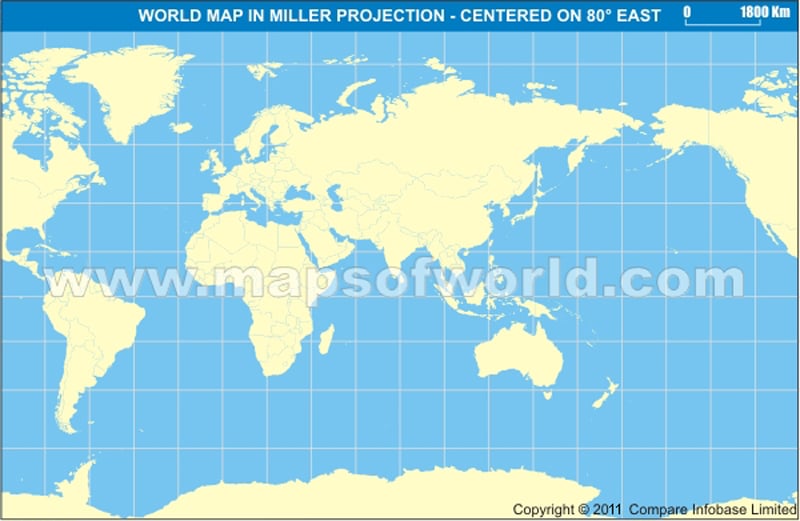 World India Centric Map in Miller Projection