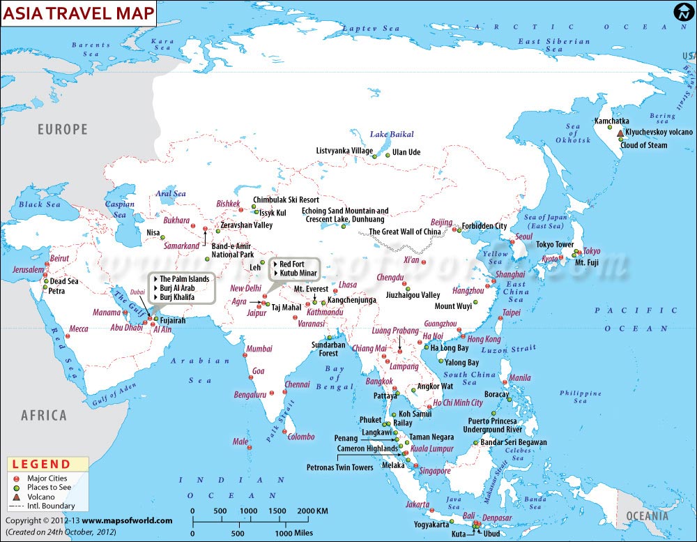 Asia Travel Map showing the attractive tourist destinations in Asia 