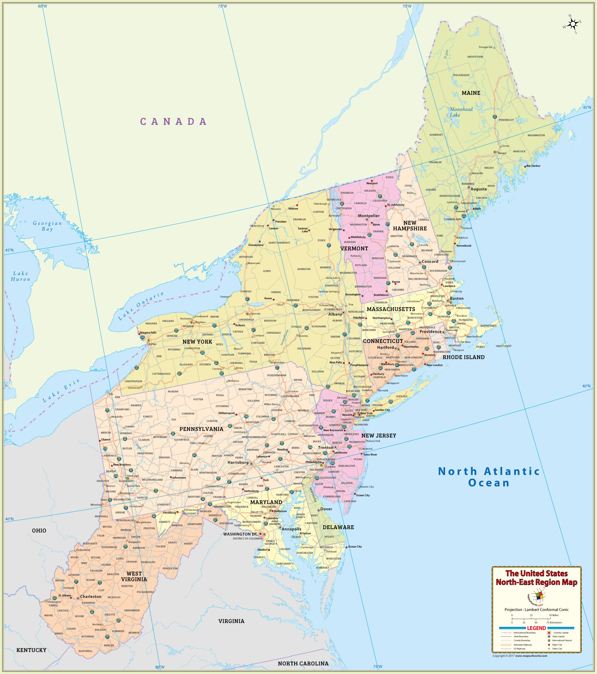 USA Northeast Region Map With State Boundaries Capital And Major 
