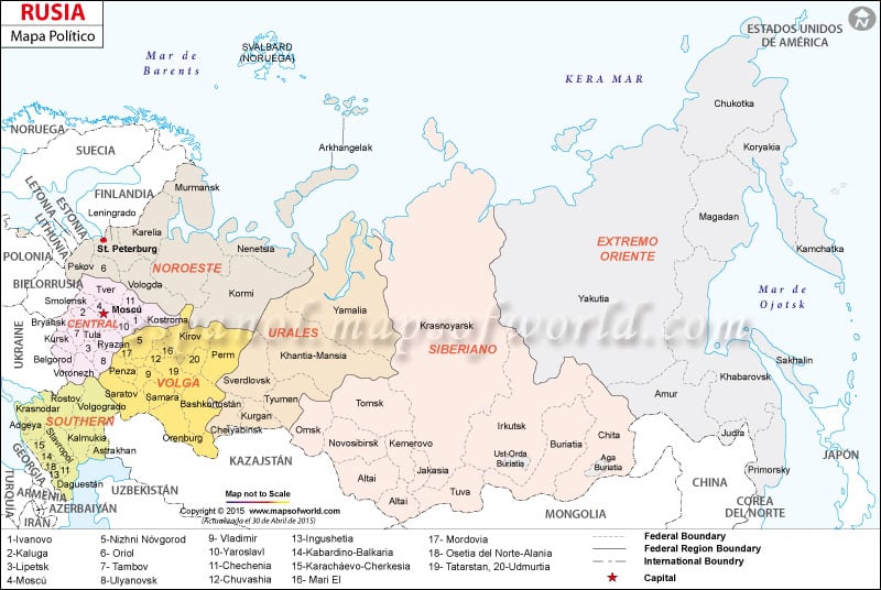 Resultat d'imatges de mapa politico de rusia actual