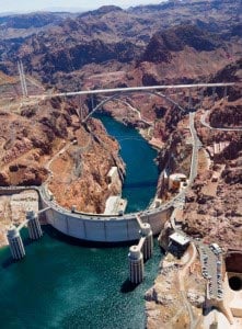 The Hoover Dam is an arched dam in the Colorado River’s Black Canyon.