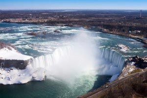 Niagara Falls is a group of three waterfalls along the border between the United States and Canada in New York and Ontario.