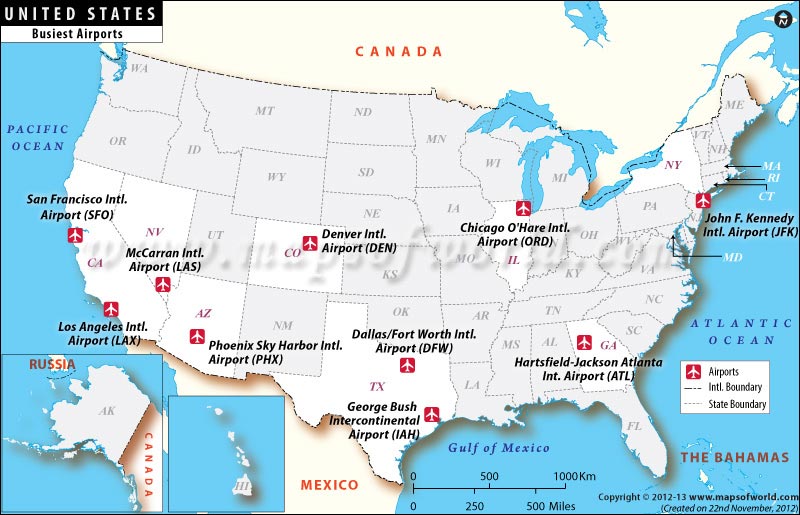 Map Of International Airports In Usa Busiest Airports in US