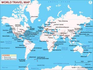 The World Travel Map shows the major places to visit around the World
