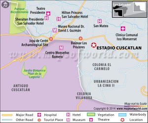 Location map of the Monumental Stadium Cuscatlán located in El Salvador