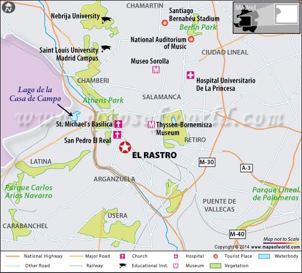 Location Map of El Rastro in Madrid, Spain