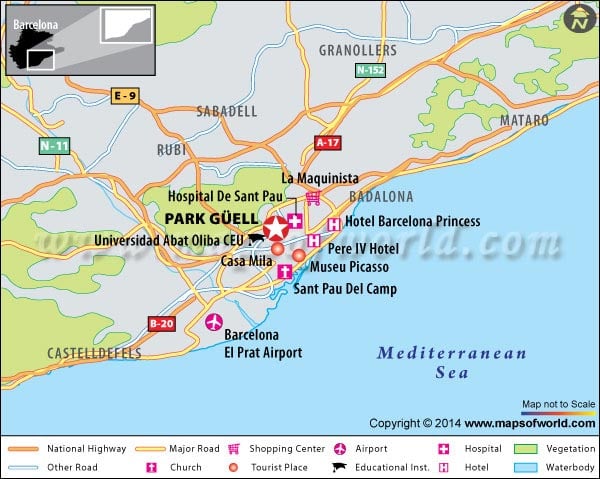 Location Map of Park Güell at Barcelona, Spain