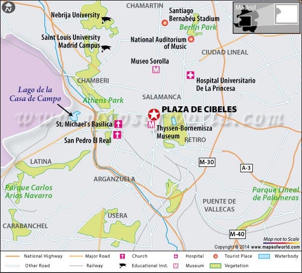 Location Map of Plaza De Cibeles in Madrid, Spain