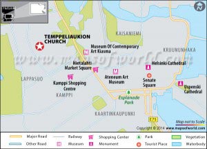 Location Map of Temppeliaukio Church in Finland