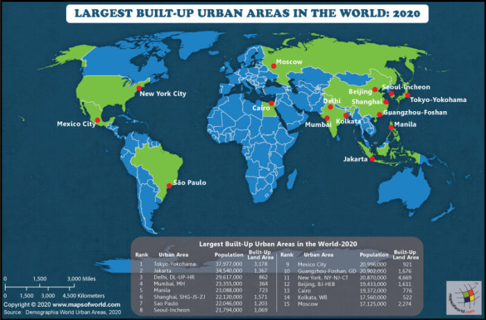 World Map Highlighting the Largest Built-up Urban Areas