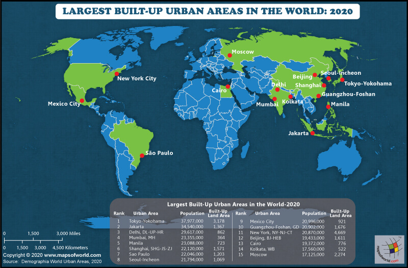 World Map Showing The Largest Built Up Urban Areas Answers