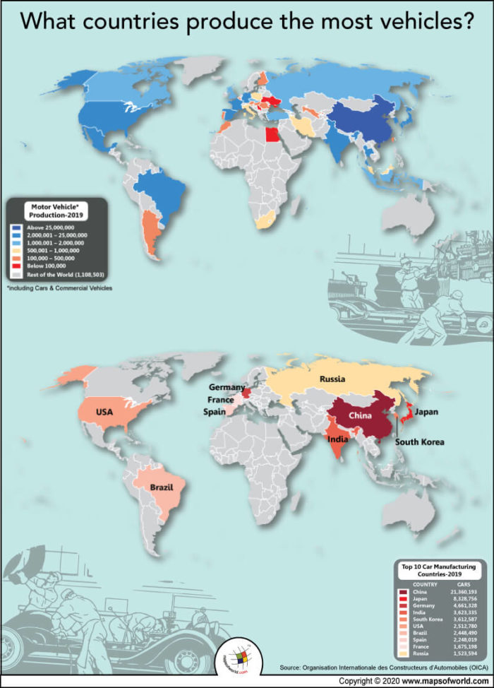 World Map Highlighting Countries Producing the Most Number of Vehicles