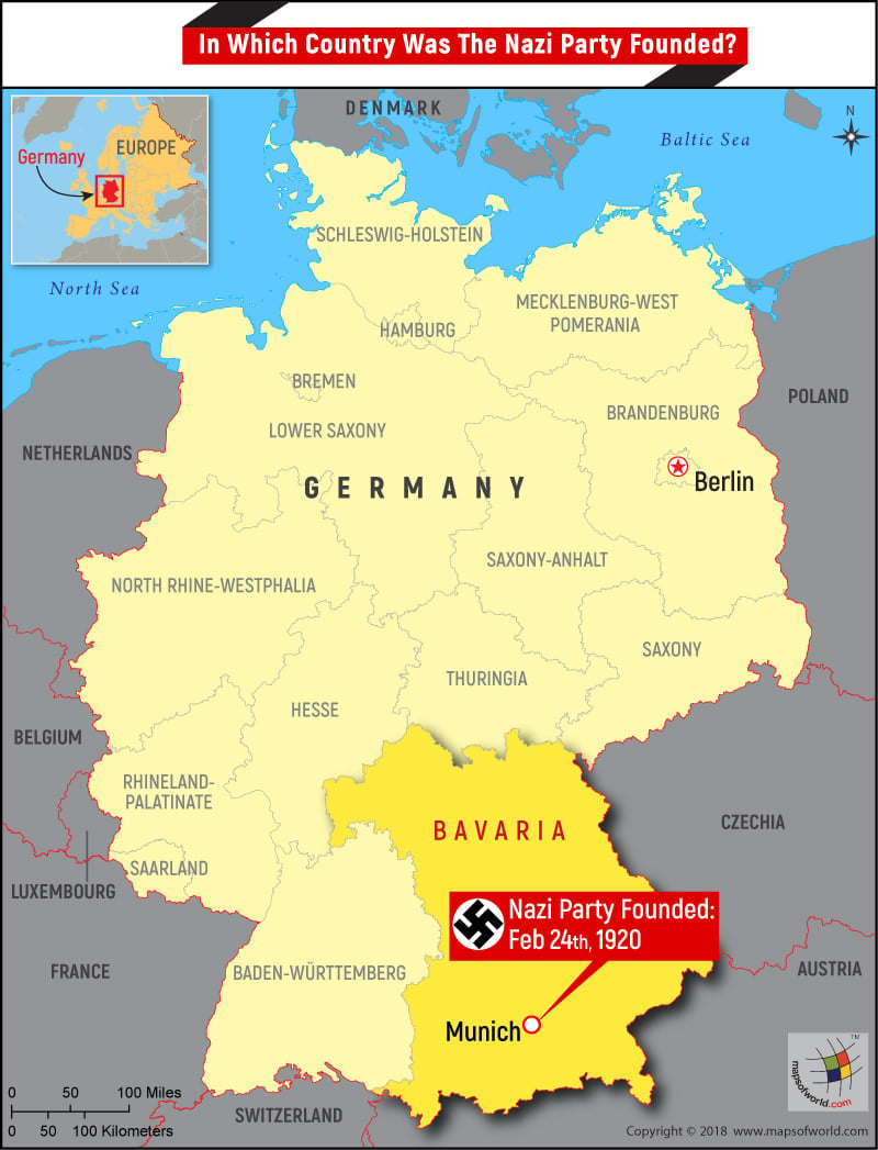 Map of Germany highlighting Munich where Nazi party was founded
