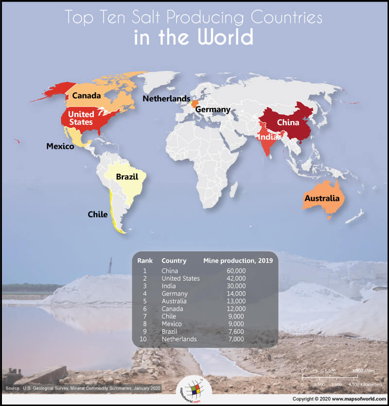 World Map Highlighting Top 10 Salt Producing Countries