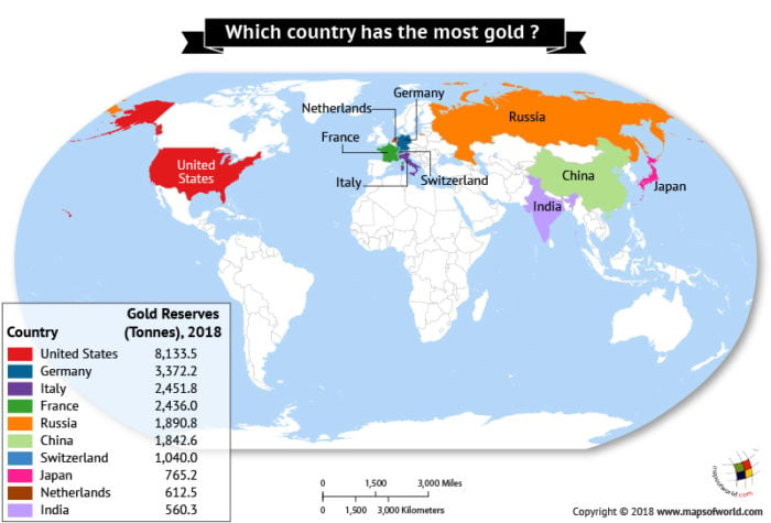World Map depicting countries with most gold.