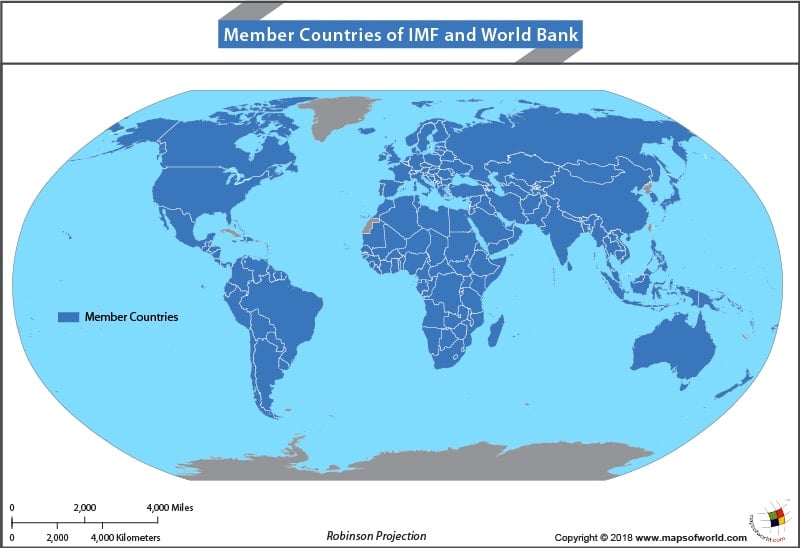 World Map highlighting countries that are members of IMF and World Bank