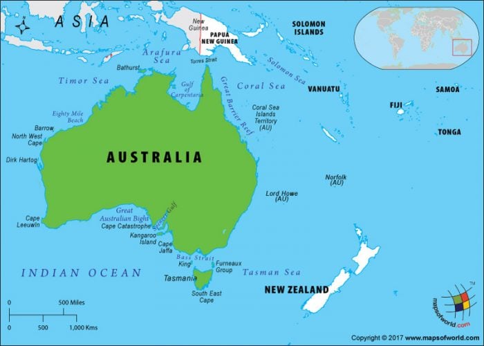 Oceania Map highlighting Australia
