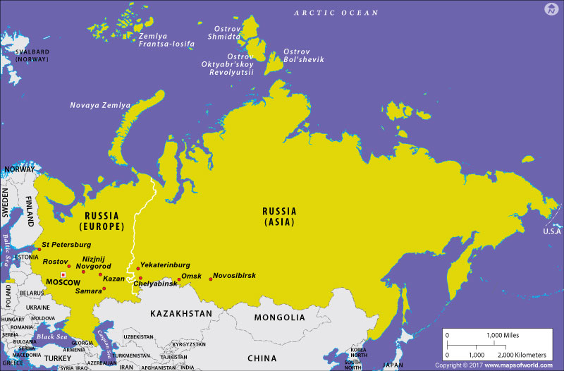 Map showing Russia in Europe and Asia