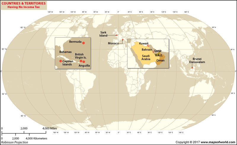 World Map showing Countries/Territories which have no Iincome-tax