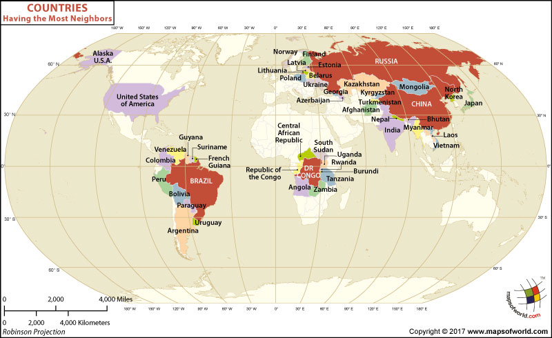 World Map showing the countries having the most neighbors