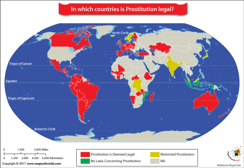 World Map showing countries where Prostitution is Legal
