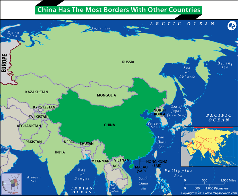 Map highlighting China which has the most borders