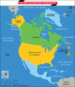 Map highlighting Canada and countries it borders