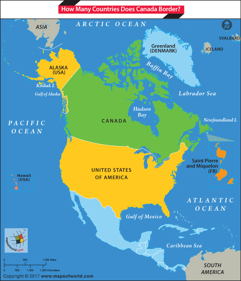 Map highlighting Canada and countries it borders
