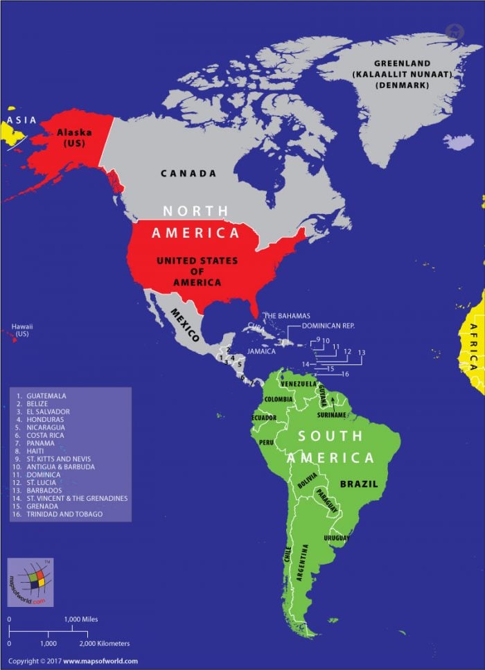 Map of Americas highlighting continents and countries