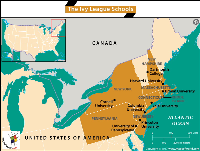 Map showing the location of Ivy League Schools