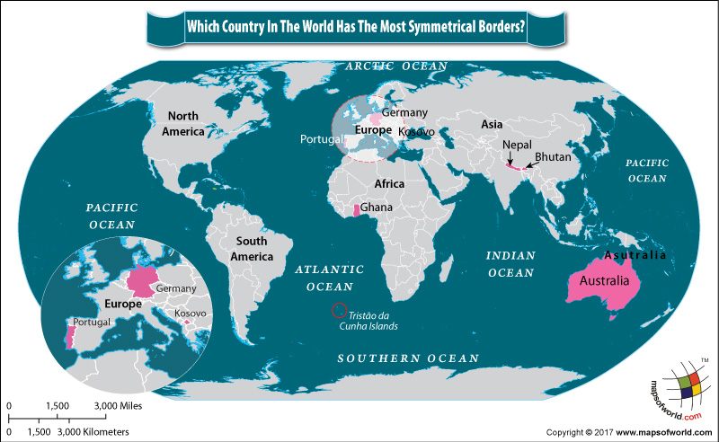 World Map showing Countries with almost Symmetrical Borders