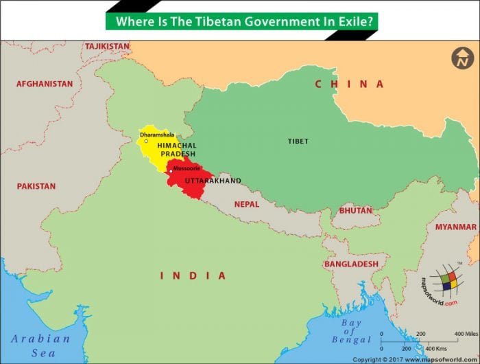 Map locating Indian state from where Tibetian Government in exile functions