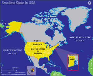 Map of USA highlighting Rhode Island, the smallest US state